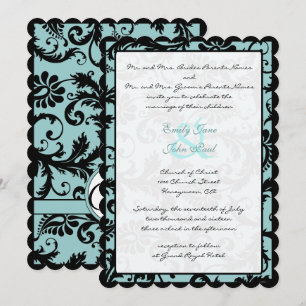 Black Damask Aqua Blue Wedding Invitation