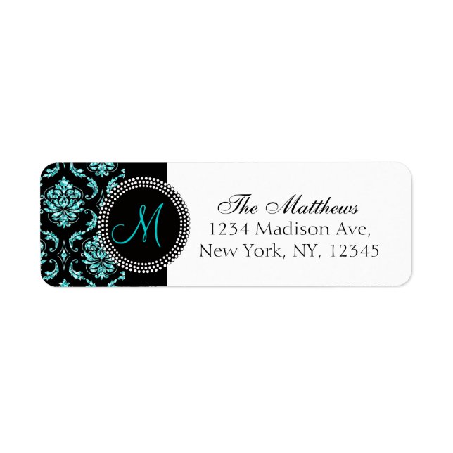 Black Damask Aqua Glitter Printed Monogram (Front)