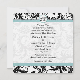 Black Damask Aqua Pool Blue Wedding Invitation