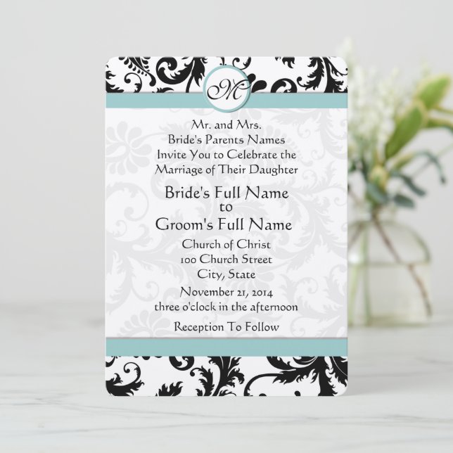 Black Damask Aqua Pool Blue Wedding Invitation (Standing Front)