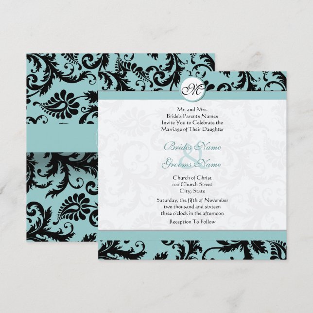 Black Damask Aqua Pool Blue Wedding Invitation (Front/Back)