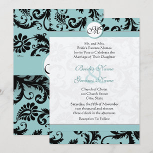 Black Damask Aqua Pool Blue Wedding Invitation