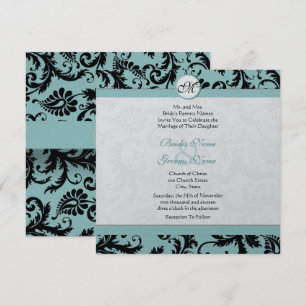 Black Damask Aqua Pool Blue Wedding Invitation