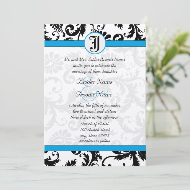 Black Damask Aquamarine Trim Wedding Invitations (Standing Front)