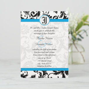Black Damask Aquamarine Trim Wedding Invitations