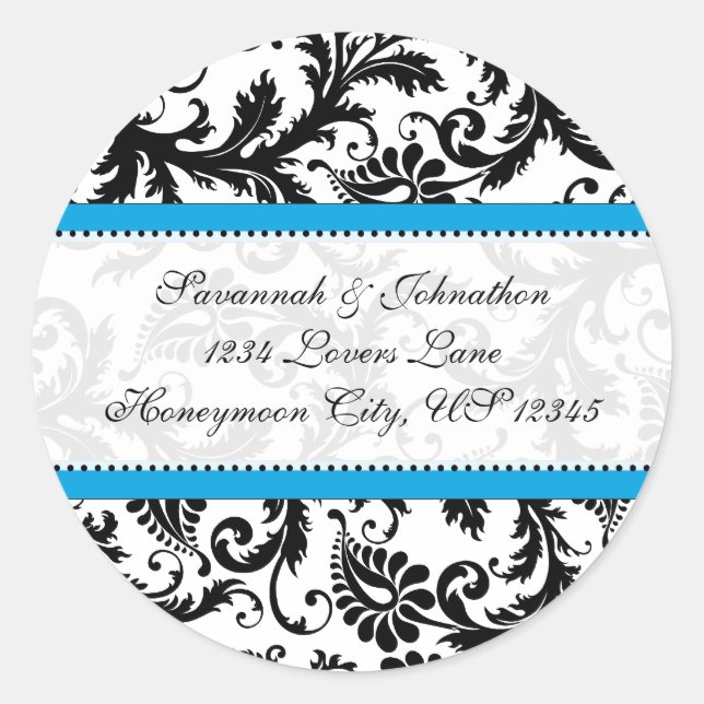 Black Damask Aquamarine Trim Wedding Seal (Front)