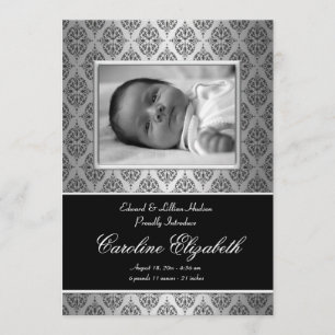 Black Damask Baby Birth Announcements