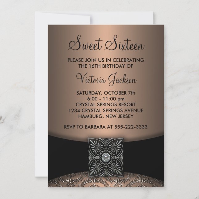 Black Damask Black Sweet Sixteen Party Invitation (Front)