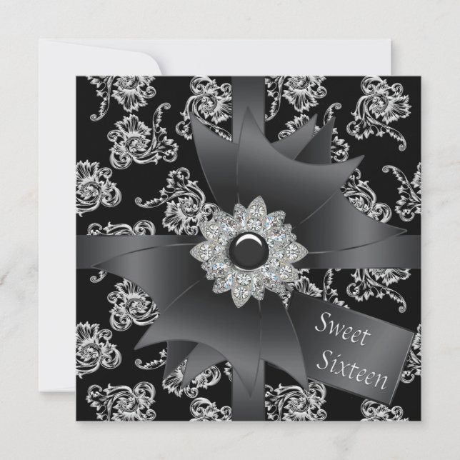 Black Damask Black White Sweet 16 Party Invitation (Front)
