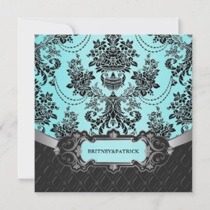 Black Damask Blue Wedding Invitations