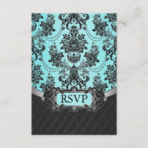 Black Damask Blue Wedding RSVP Cards