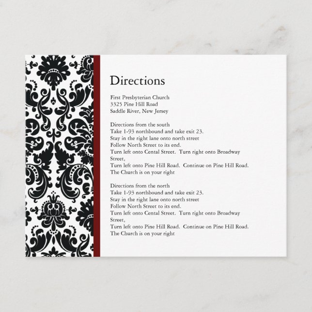 Black Damask Burgundy Accent Direction Card (Front)