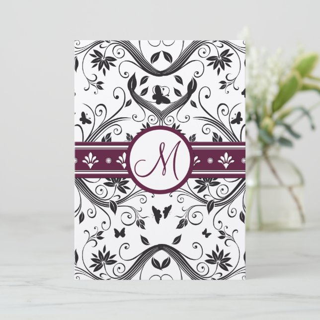Black Damask Butterfly Swirls Plum Wedding Invites (Standing Front)