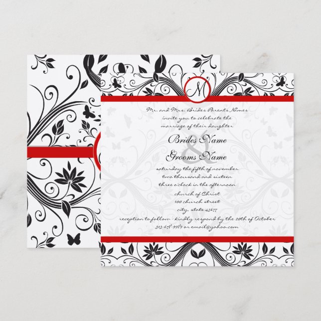 Black Damask Butterfly Swirls Red Trim Wedding  Invitation (Front/Back)