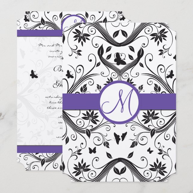 Black Damask Butterfly Swirls Red Wedding Invites (Front/Back)