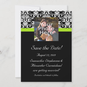 Black Damask Chartreuse Green Photo Save the Date Invitation