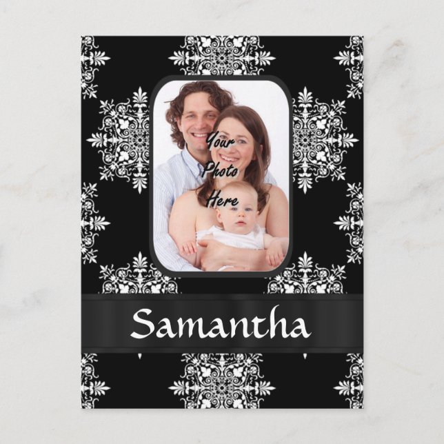 Black damask custom photo postcard (Front)