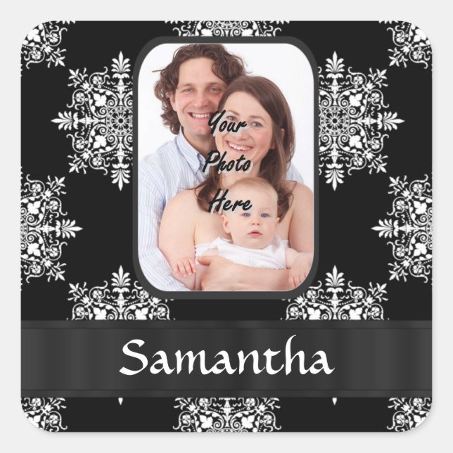 Black damask custom photo square sticker (Front)
