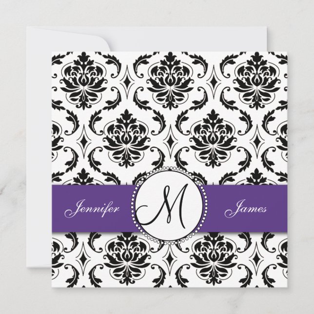 Black Damask Dark Purple Wedding Invitations (Front)