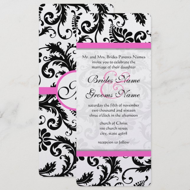 Black  Damask  Deep Pink Trim Wedding Invitation (Front/Back)