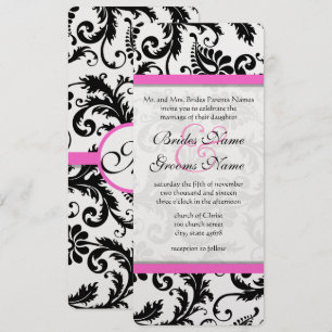 Black Damask Deep Pink Trim Wedding Invitation