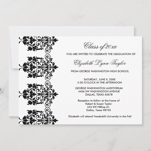 Black Damask Edge White Graduation Announcement (Front)