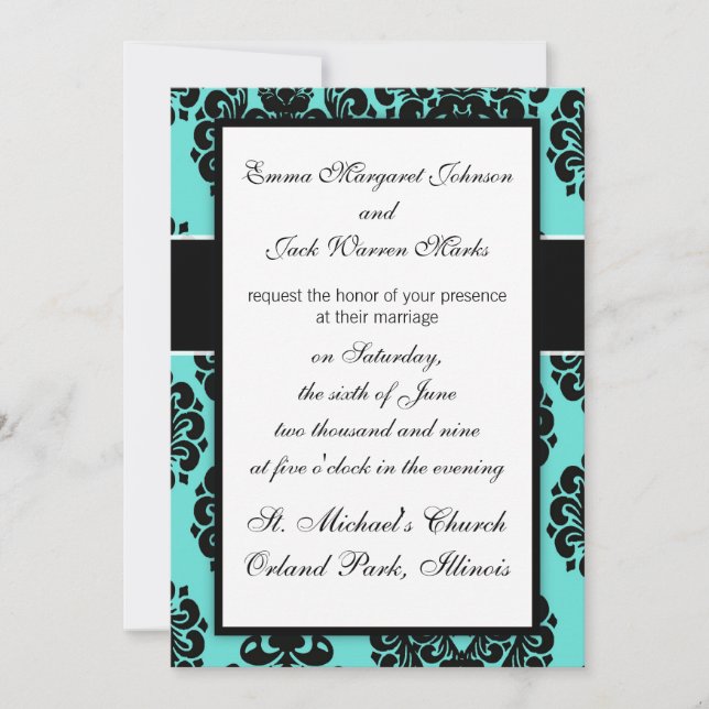 black damask elegance on aqua blue design invitation (Front)