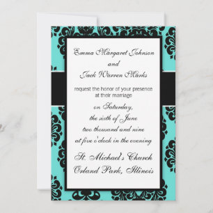 black damask elegance on aqua blue design invitation