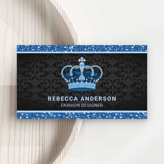 Black Damask Faux Blue Glitter Royal Crown Business Card (Creator Uploaded)