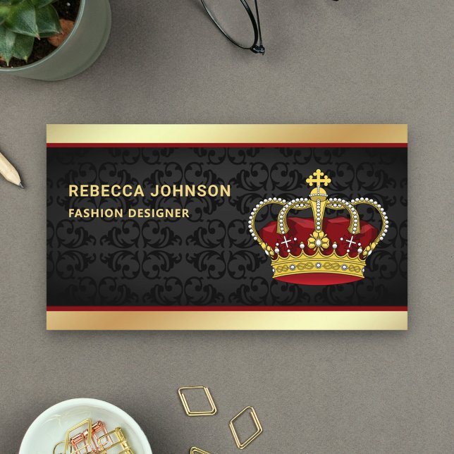 Black Damask Faux Gold Foil Red Crown Business Card (Creator Uploaded)