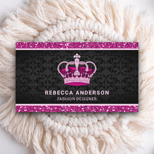 Black Damask Faux Hot Pink Glitter Royal Crown Business Card