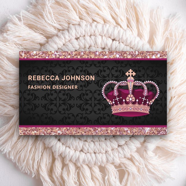Black Damask Faux Rose Gold Glitter Pink Crown Business Card (Creator Uploaded)