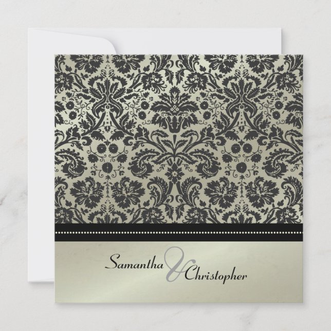 Black Damask/faux silver wedding invitations (Front)