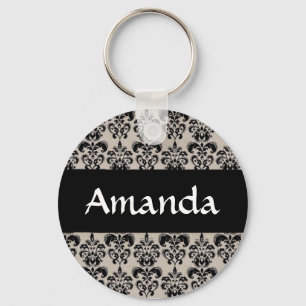 Black Damask Floral Personalised Name Key Chain