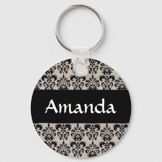 Black Damask Floral Personalised Name Key Chain (Front)