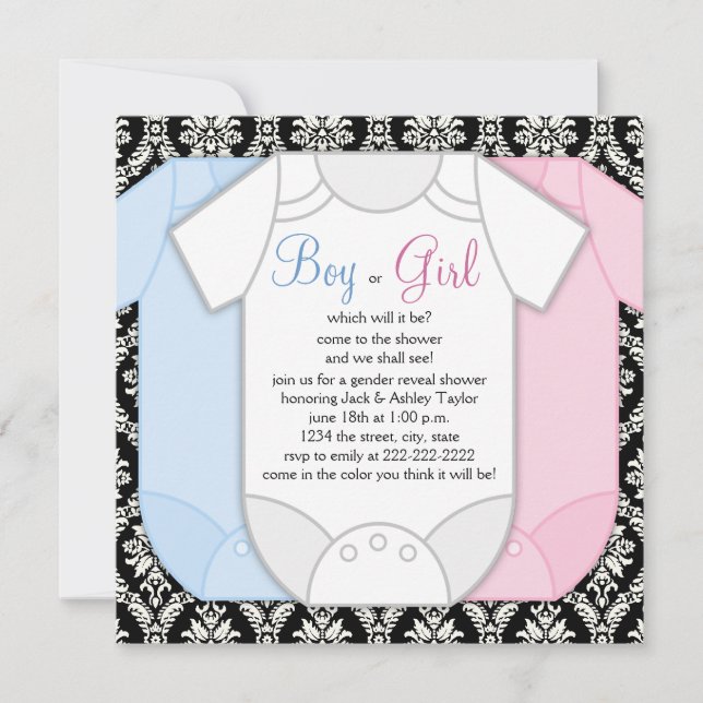 Black Damask Gender Reveal Invitation (Front)