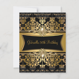 Black Damask Gold 50th Birthday Party Pearl Invitation