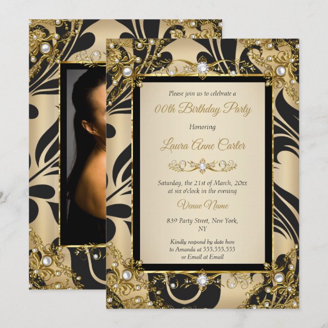 Black Damask Gold Beige Photo Birthday Party Invitation (Front/Back)
