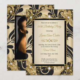 Black Damask Gold Beige Photo Birthday Party Invitation
