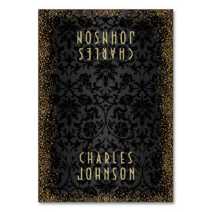 Black Damask & Gold Confetti Glitter - Place Cards