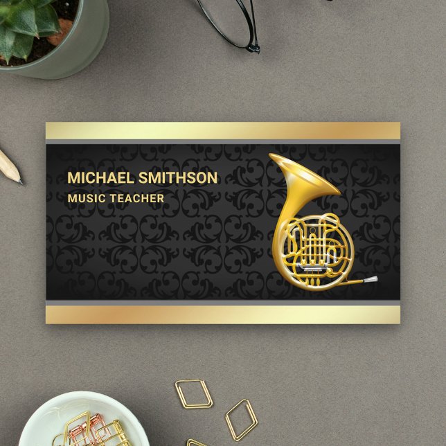 Black Damask Gold Foil French Horn Music Teacher Business Card (Creator Uploaded)