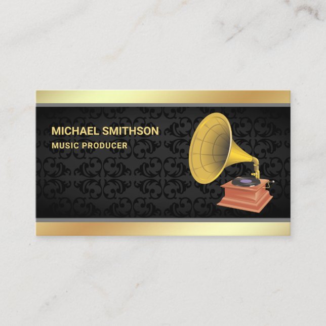 Black Damask Gold Foil Gramophone Music Producer Business Card (Front)