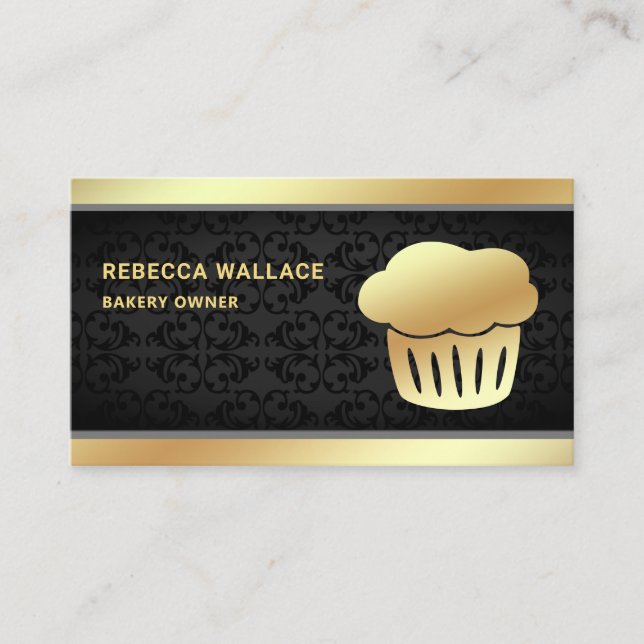 Black Damask Gold Foil Homemade Cupcake Bakery Business Card (Front)