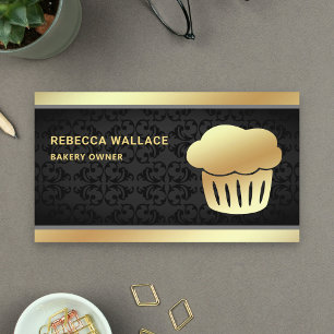 Black Damask Gold Foil Homemade Cupcake Bakery Business Card