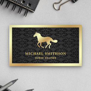 Black Damask Gold Foil Horse Riding Instructor Business Card