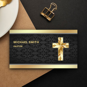 Black Damask Gold Foil Jesus Christ Cross Pastor Business Card