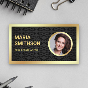 Black Damask Gold Foil Photo Real Estate Agent Business Card