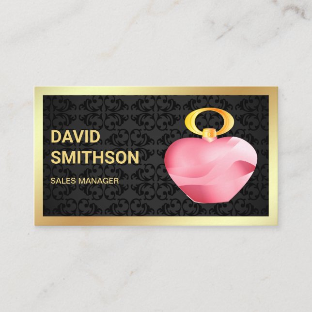 Black Damask Gold Foil Pink Perfume Bottle Business Card (Front)