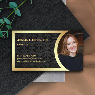 Black Damask Gold Foil Real Estate Photo Realtor Business Card