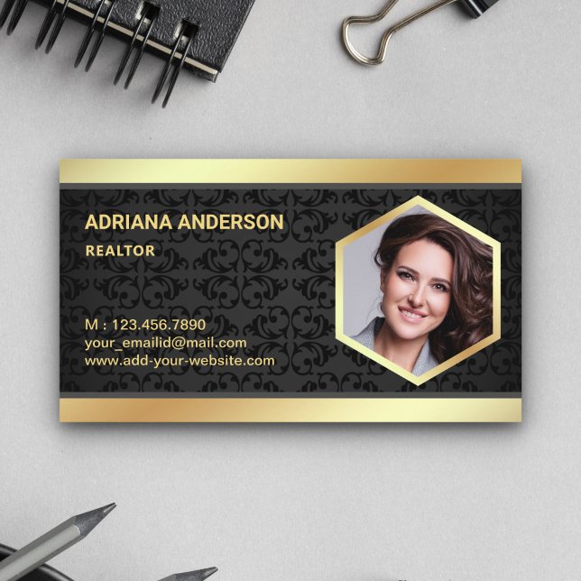 Black Damask Gold Foil Real Estate Photo Realtor Business Card (Creator Uploaded)